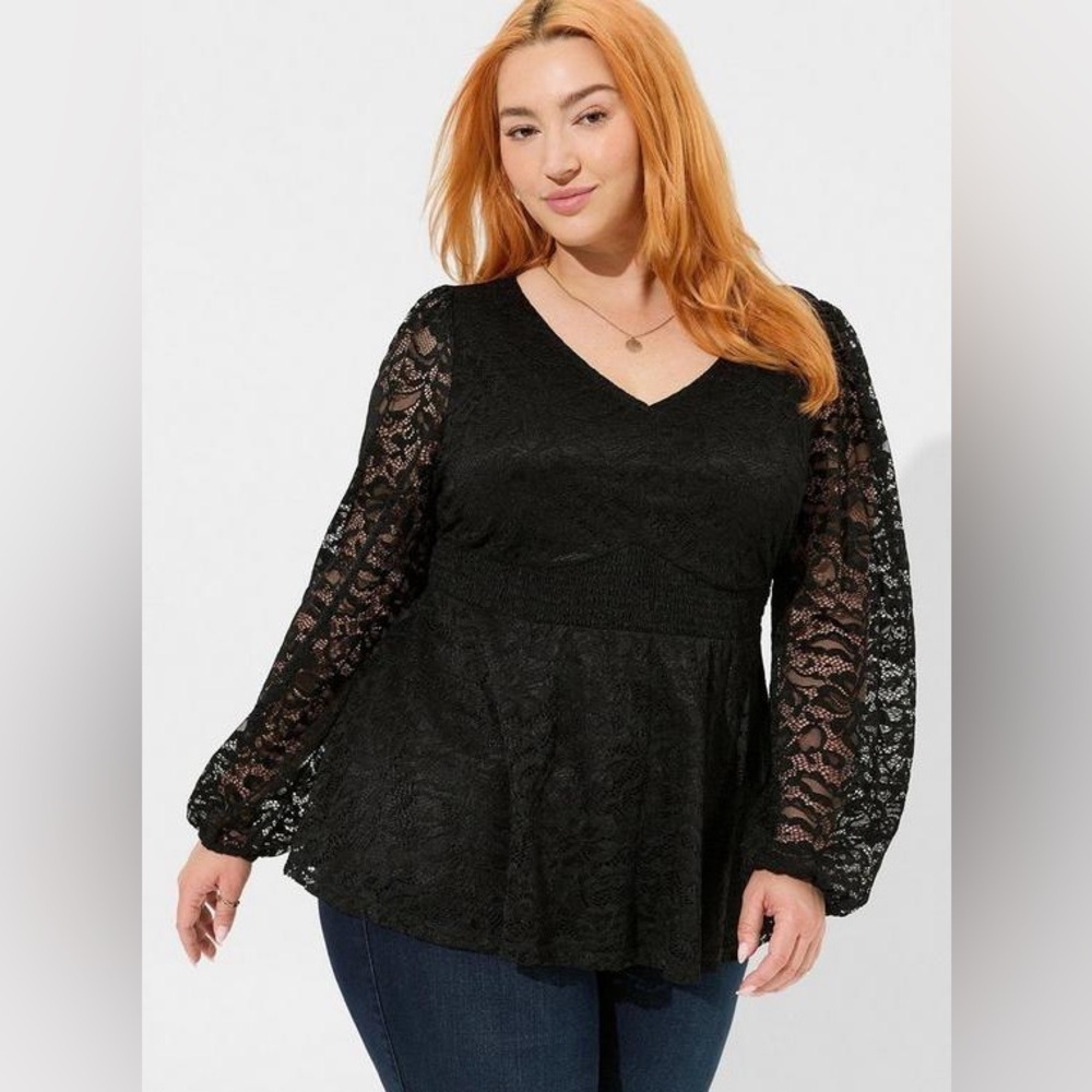 Torrid Stretch Lace V-Neck Smocked Waist Long Sleeve Babydoll Size 4x